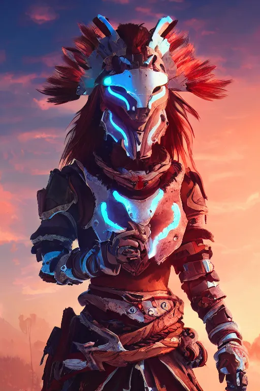 Image similar to combination suit armor aloy horizon forbidden west horizon zero dawn radiating a glowing aura global illumination ray tracing hdr fanart arstation by ian pesty and alena aenami artworks in 4 k tribal robot ninja mask helmet backpack