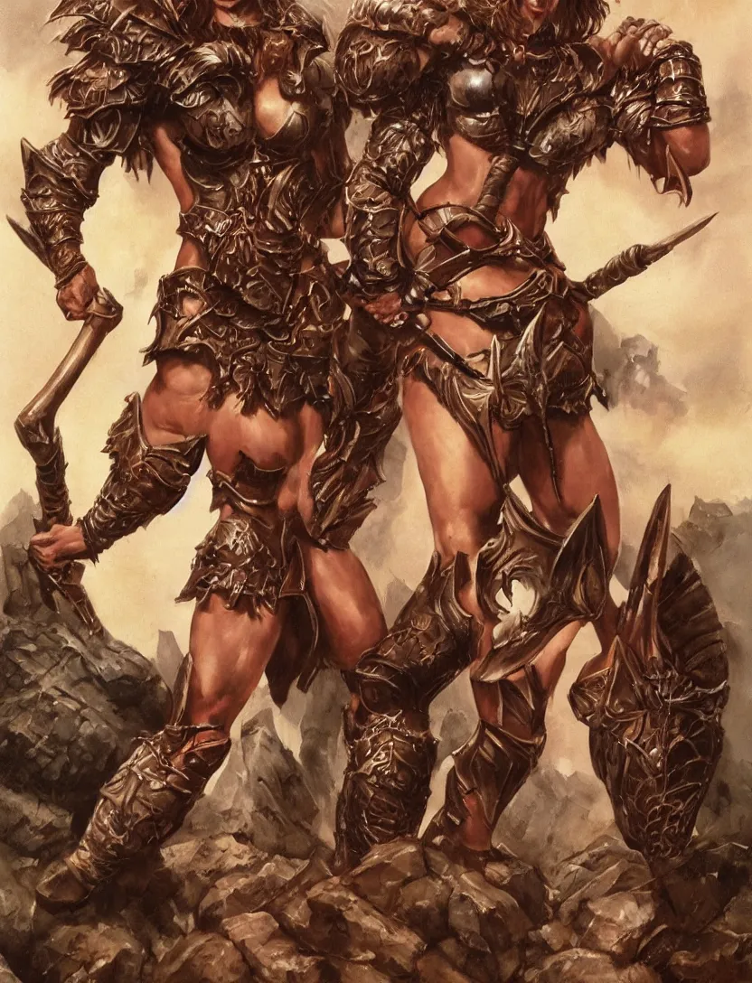 Image similar to Dreamt in 95.90s for !dream beautiful muscular barbarian woman wearing armor posing after victory, d&d, boris vallejo