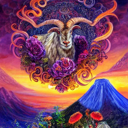 Prompt: painting by senior concept artist josephine wall, horned ram goddess checking her cell phone, erupting volcano and sunset in distance in background, flowers in foreground, fantasy, acrylic on canvas, intricately detailed, highly detailed, high resolution, hdr, 8 k, trending on artstation