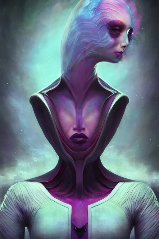 Prompt: digital portrait of an elegant alien queen, straight on, full body character concept art, concept art, by artgerm, tom bagshaw, gerald brom, vaporwave colors, lo fi colors, vaporwave, lo fi, 4 k, hd, rendered with substance designer, small details