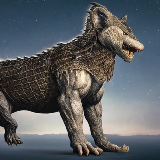 Image similar to Furred chimera with crocodile's body and a wolve's head, concept art, illuminated by full moon, professional photoshop artwork, highly detailed