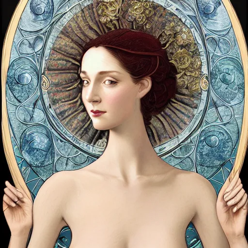Image similar to facial portrait of a young pretty woman in flowing dress, arrogant, mysterious, long fine flowing hair, delicate, looking at camera, slightly awkward smile, realistic face, hands behind back, intricate, stylish, elegant, grimdark fantasy, flowers, art nouveau, extremely detailed painting inspired by Gerald Brom and Ernst Haeckel and Greg Rutkowski