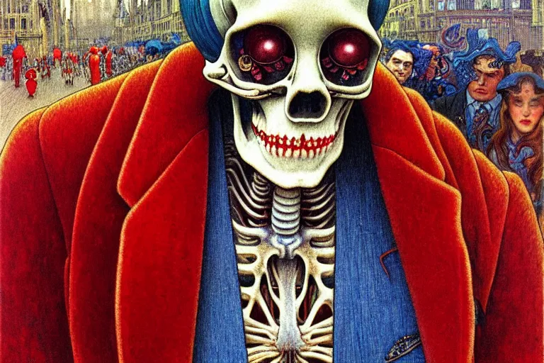 Image similar to realistic detailed closeup portrait painting of a single skeleton wearing red velvet blazer in a crowded futuristic moscow street by Jean Delville, Amano, Yves Tanguy, Alphonse Mucha, Ernst Haeckel, Edward Robert Hughes, Roger Dean, rich moody colours, blue eyes