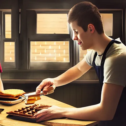 Image similar to one young man and one young woman baking waffles, romantic lighting, digital art