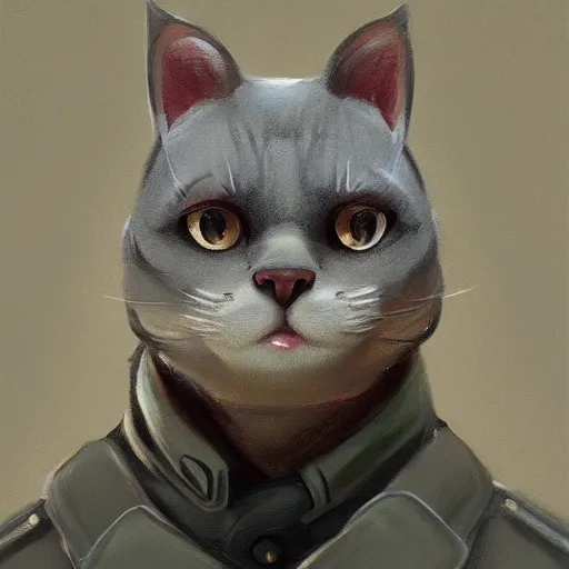 Prompt: Portrait painting of an anthropomorphic gray cat wearing as Soviet leader, trending on artstation, by Sergey Kolesov