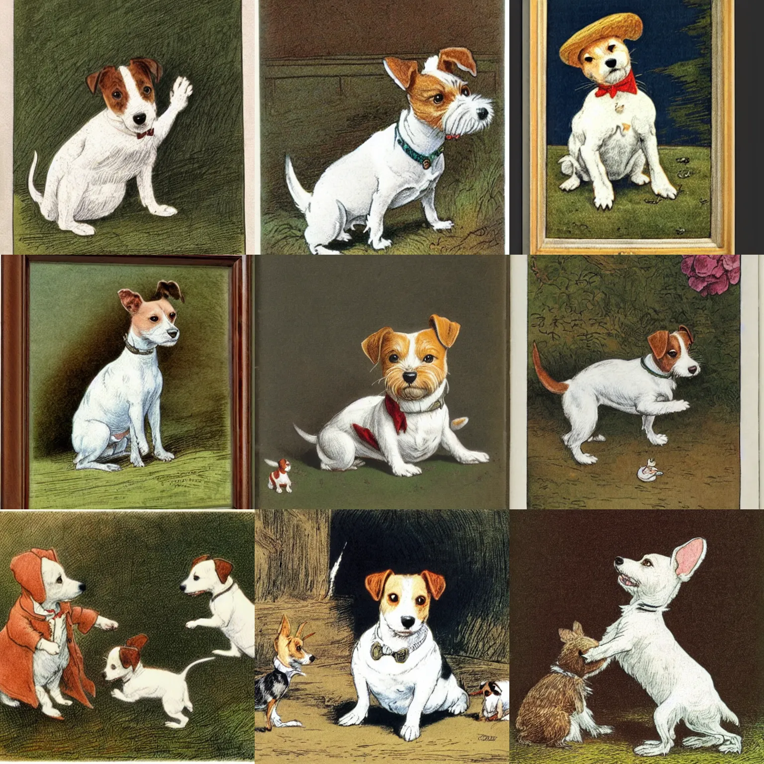 Prompt: jack russel terrier, illustrated by peggy fortnum and beatrix potter and sir john tenniel