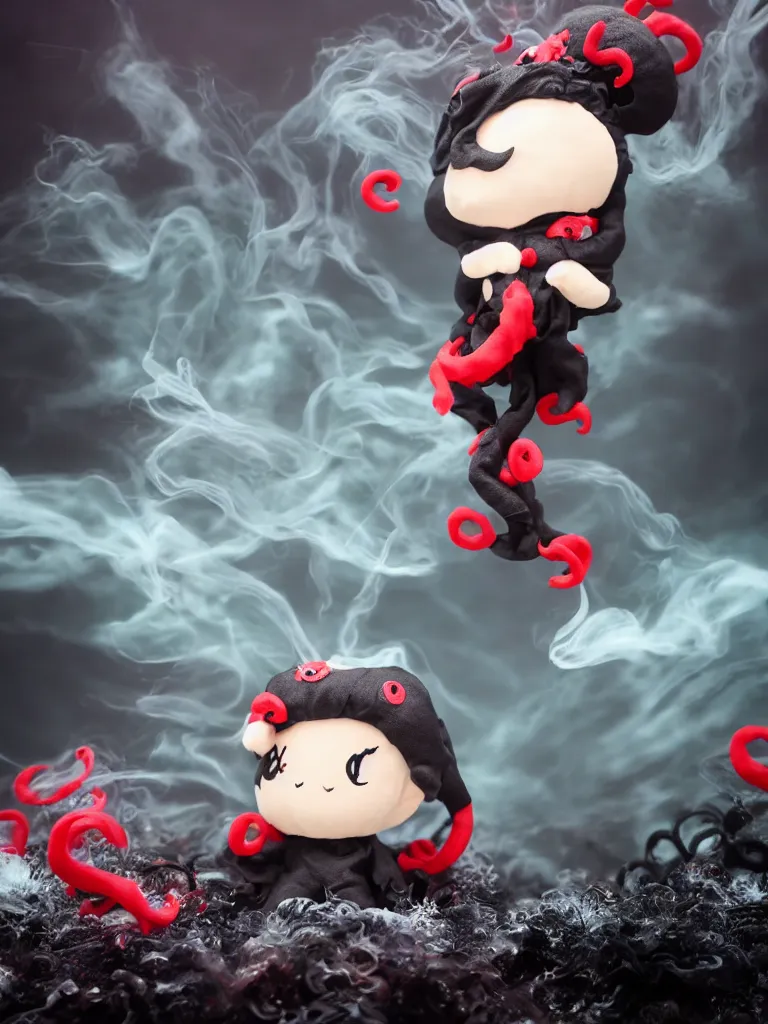 Prompt: cute fumo plush chibi gothic octopus prince boy washing his hair in the waves of the wavering dark galactic abyss, long black and red ruffled intricate uniform with ribbons, ocean wave thunderstorm and reflective splashing water, wisps of smoke and haze and volumetric fog, ocean simulation, vignette, vray