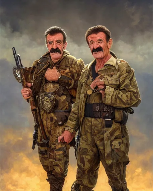 Prompt: full body 8 k photo of paul chuckle standing next to barry chuckle dressed as sas soldiers holding battle - axes, intricate, elegant, highly detailed, cinestill, digital painting, artstation, led dramatic lighting, sharp focus, by da vinci, artgerm and greg rutkowski and alphonse mucha