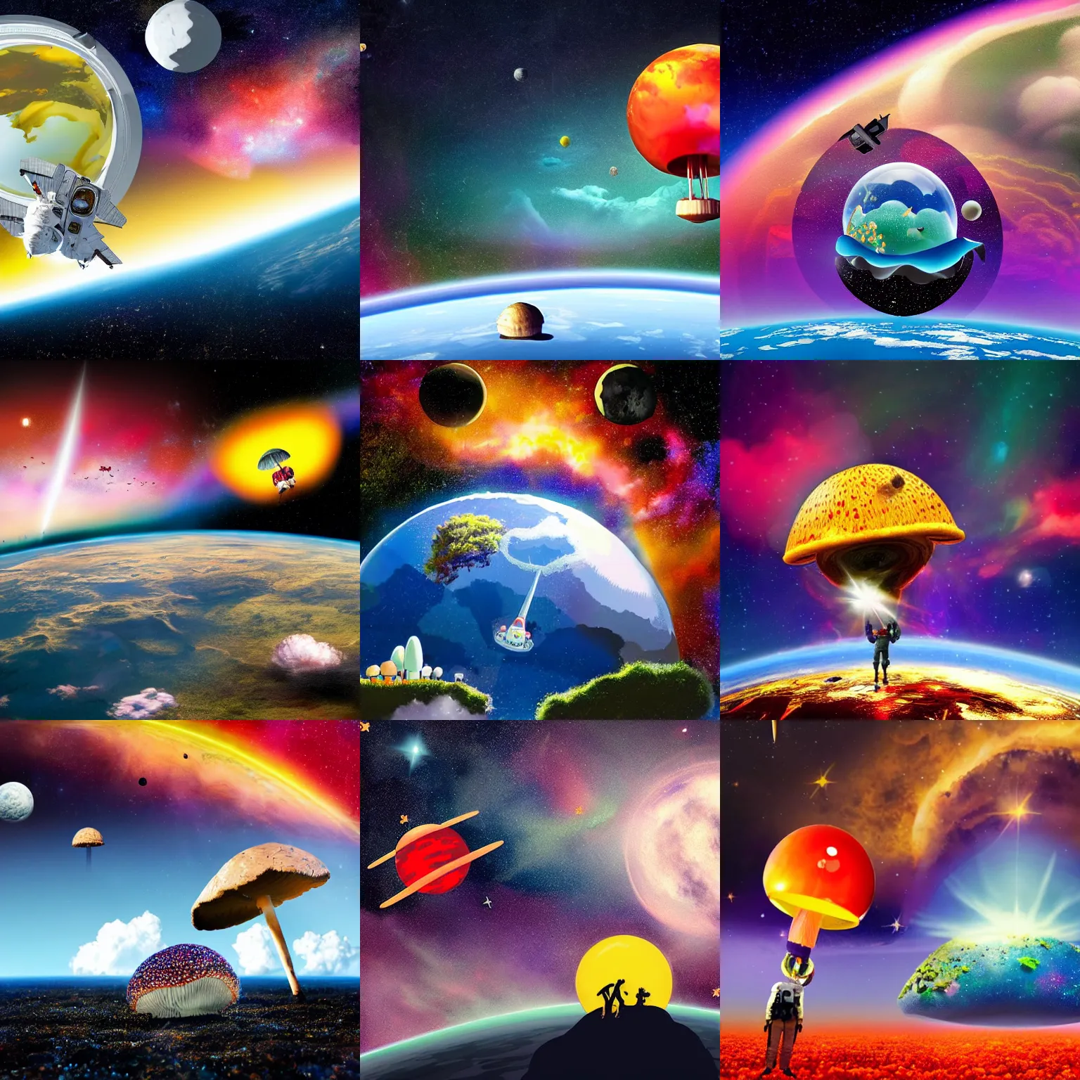 Prompt: a flying island in space, an astronaut standing on the island ramming a flyagaric in the ground, stars and planet earth in the background surrounded by colorful clouds