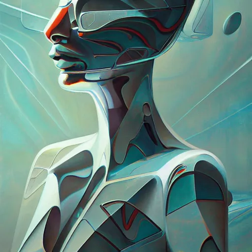 Image similar to scifi futurism automaton minimalism chrome by peter mohrbacher art Hajime Sorayama airbrush hyperrealism model abstract shatter fragments cubism futurism pastel blue soft flat minimal minimalism portrait face jackson pollock ukiyo-e lithograph mark ruthko swirl escape noise shimmer glow paint