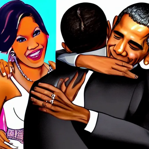 Prompt: barack obama hugging nicki minaj from behind, highly detailed illustration