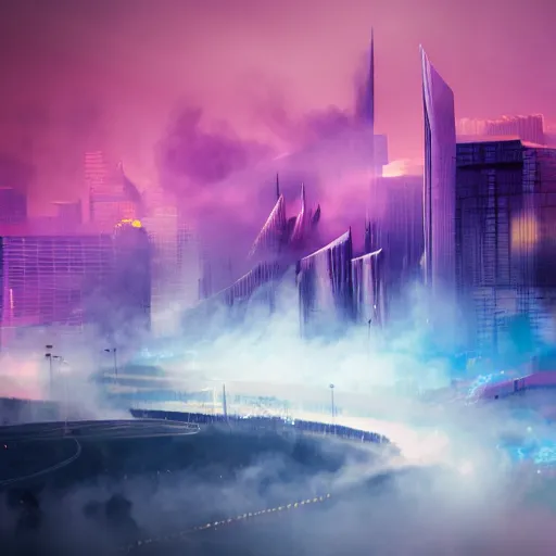 Prompt: muted colorful smoke forms into vague shape reminiscent of dragons racing. distant futuristic cityscape in the background.