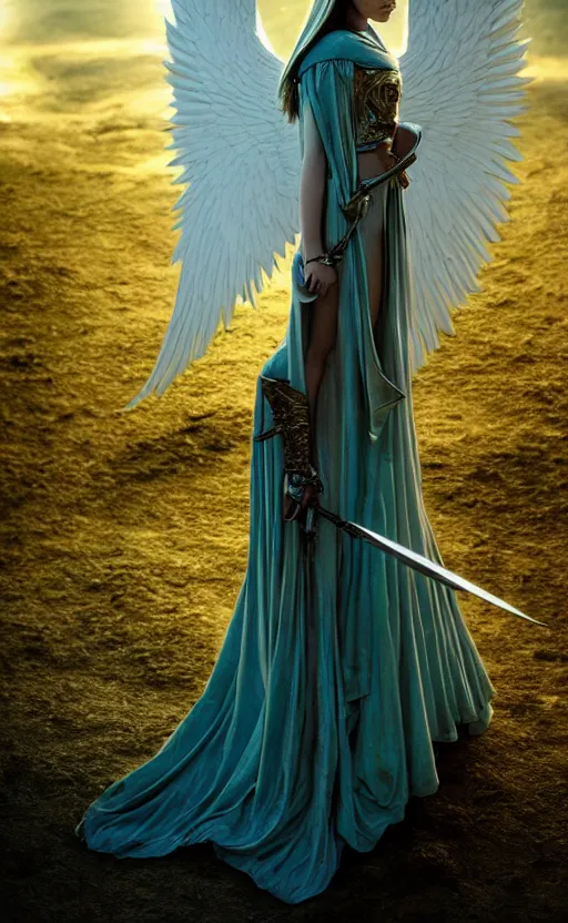 Image similar to angel, big wings, low key light, full plate armor with cloth, f 2. 8, bokeh, medium portrait, gentle, female, dark ruins, landscape, d & d, fantasy, intricate, elegant, highly detailed, teal white gold color palette, roger deakins, sharp focus, greg rutkowski and alphonse mucha