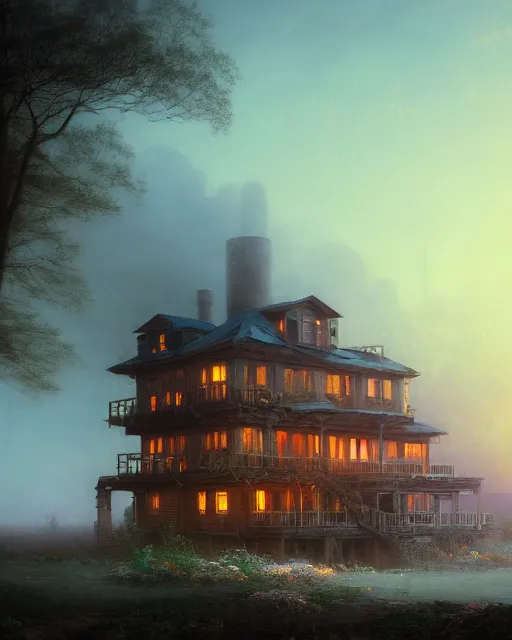 Image similar to a beautiful photorealistic illustration of city log house urbex abandoned unfinished building architecture nature building industrial architecture by ivan aivazovsky, flowers vaporwave at night at dusk fantasy, archdaily, wallpaper, highly detailed, trending on artstation.