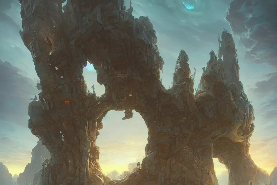 Prompt: megalithic cybernetic alien temple, by peter mohrbacher, massive arch, volumetric lighting, sunset, epic architecture, complex swirling accents, futuristic, trending on artstation