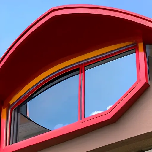 Image similar to Lightning McQueen-shaped balcony window from inside in the style of Lightning McQueen