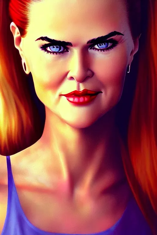 Image similar to mix of beautiful young maria shriver, mariel hemmingway, brooke shields, nicole kidman and elle macpherson as a snake girl with fangs, thin lips, hair tied up in a pony tail, dark blonde hair, colorful, artstation, cgsociety