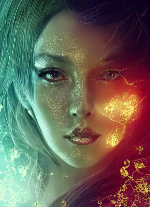 Image similar to glowing silver and golden elements, full close-up portrait, vector dark witch from unsplash, book cover, green forest, white moon, red lips, establishing shot, extremly high detail, photo-realistic, cinematic lighting, pen and ink, intricate line drawings, by Yoshitaka Amano, Ruan Jia, Kentaro Miura, Artgerm, post processed, concept art, artstation, matte painting, style by eddie mendoza, raphael lacoste, alex ross