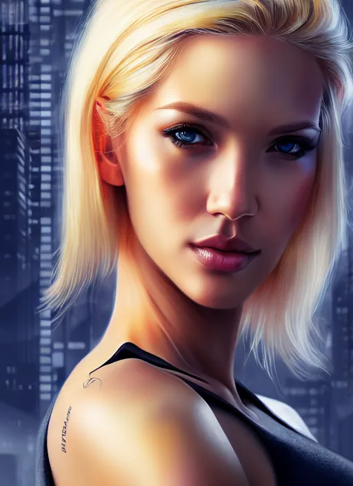 Image similar to photo of a gorgeous blonde female in the style of stefan kostic, realistic, half body shot, sharp focus, 8 k high definition, insanely detailed, intricate, elegant, art by stanley lau and artgerm, cyberpunk city backgeound