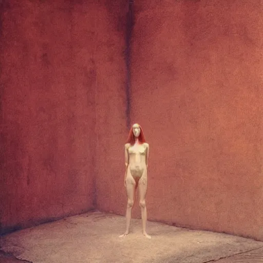 Image similar to a clothed woman posing, wearing clothes,feeling of surrender, by Zdzislaw Beksinski and Marat Safin