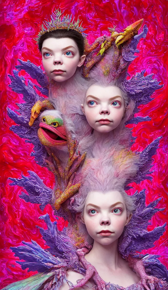 Image similar to hyper detailed 3d render like a Oil painting - kawaii portrait of one Aurora (a beautiful skeksis muppet fae queen from dark crystal that looks like Anya Taylor-Joy) seen red carpet photoshoot in UVIVF posing in scaly dress to Eat of the Strangling network of yellowcake aerochrome and milky Fruit and His delicate Hands hold of gossamer polyp blossoms bring iridescent fungal flowers whose spores black the foolish stars by Jacek Yerka, Ilya Kuvshinov, Mariusz Lewandowski, Houdini algorithmic generative render, Abstract brush strokes, Masterpiece, Edward Hopper and James Gilleard, Zdzislaw Beksinski, Mark Ryden, Wolfgang Lettl, hints of Yayoi Kasuma and Dr. Seuss, octane render, 8k