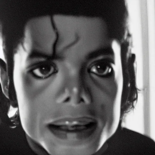 Image similar to a cinematic film still of Michael Jackson starring in The Shining, portrait, 40mm lens, shallow depth of field, close up, split lighting, cinematic