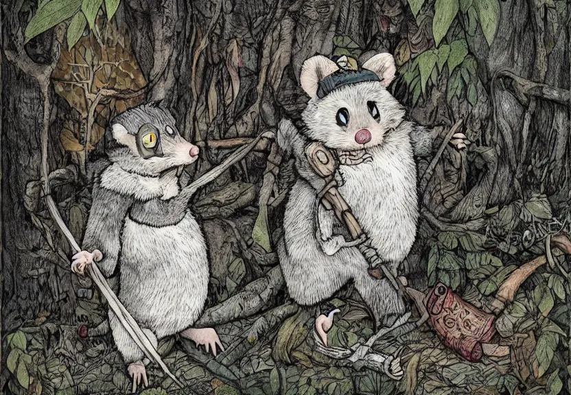 Image similar to possum dressed as an adventurer, hidden in the forest, dark night, colorized, highly detailed, 4k, trending on Artstation, award-winning, art by Maurice Sendak