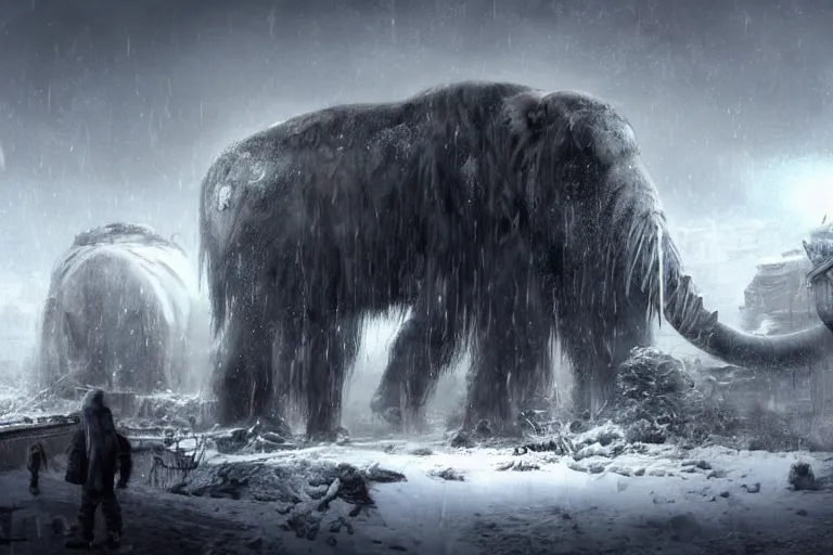 Image similar to a grand intricate futuristic black steam train next to a giant mammoth, post - apocalyptic ice landscape in snowstorm, concept art, artstation, highly detailed, digital art