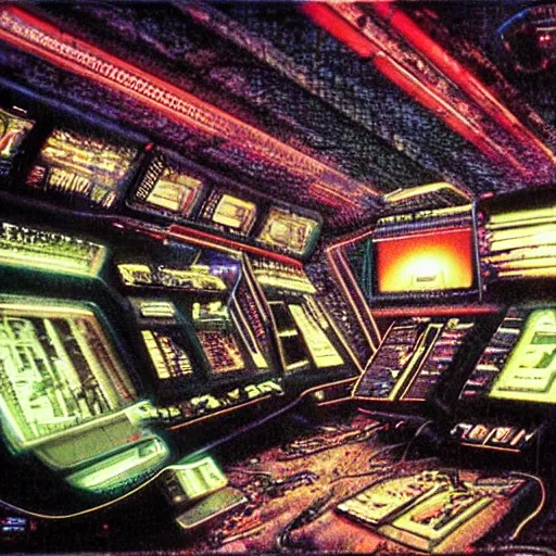 Prompt: starship bridge with wall full of big crt monitors and analog dials and parts, messy, dirty, loose cables, alien 1 9 7 9, ron cobb, mike mignogna, highly detailed, safety labels, glowing buttons, green crt monitors, comic book, oil painting, science fiction, punk, grunge, used future, hdr light realistic detail - - ar 1 6 : 9