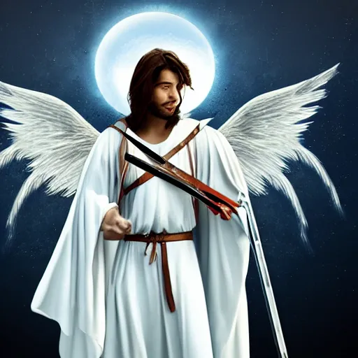 Prompt: angel with big bright white wings, coming down from the sky, holding sword in his arms, hyper realistic, 4 k