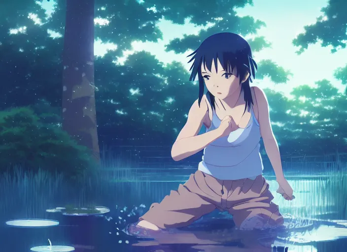 Image similar to portrait of hinata training in a pond at night, rule of thirds, illustration concept art anime key visual, trending pixiv fanbox by wlop and greg rutkowski and makoto shinkai and studio ghibli and kyoto animation