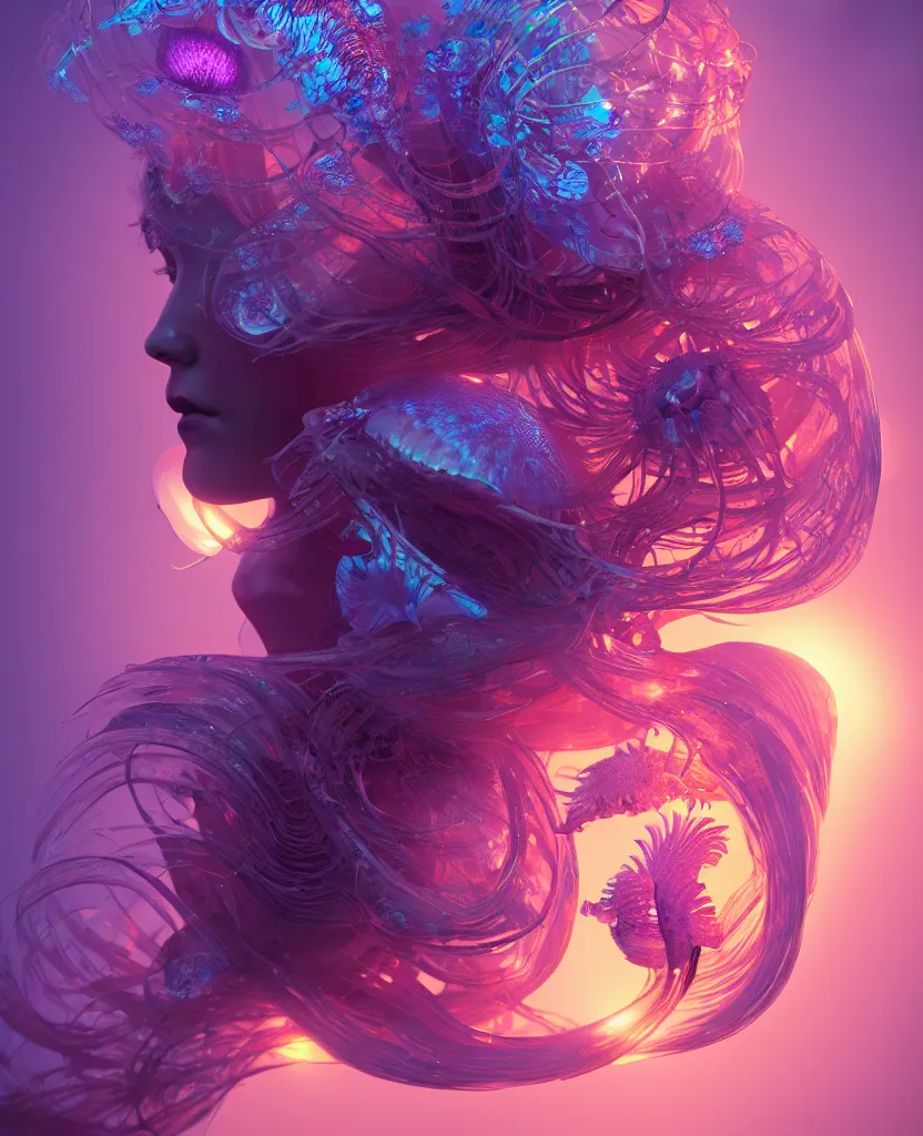 Image similar to goddess close-up portrait. orchid jellyfish phoenix head, nautilus, skull, betta fish, bioluminiscent creatures, intricate artwork by Tooth Wu and wlop and beeple. octane render, trending on artstation, greg rutkowski very coherent symmetrical artwork. cinematic, hyper realism, high detail, octane render, 8k