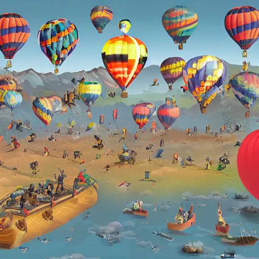 Prompt: a hot air balloon invasion by many ninjas, fiasco, hyper realistic, detailed, ninjas and balloon in foreground