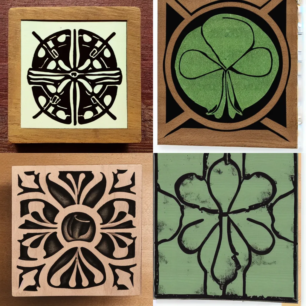 Prompt: four-leaf clover in a bear trap wood block print