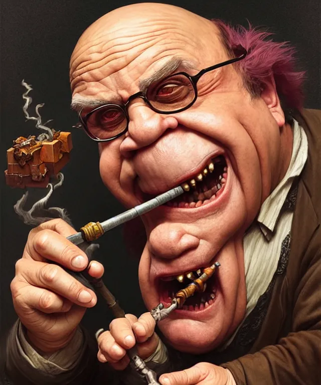 Image similar to danny devito as a fantasy goblin smoking a pipe, portrait, fantasy, intricate, elegant, highly detailed, digital painting, artstation, concept art, smooth, sharp focus, illustration, art by artgerm and greg rutkowski and alphonse mucha