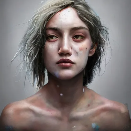Prompt: hyperrealistic mixed media painting of woman, when your a hot mess but you're low key dead inside, dim volumetric lighting, 8 k octane beautifully detailed render, post - processing, portrait, extremely hyper - detailed, intricate, epic composition, cinematic lighting, masterpiece, trending on artstation, very very detailed, masterpiece, stunning,