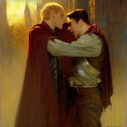 Image similar to attractive male, arthur pendragon confesses his love to attractive male dracula the vampire. highly detailed painting by gaston bussiere, craig mullins, j. c. leyendecker 8 k