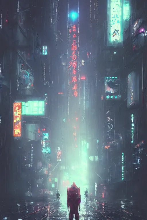 Prompt: rainy tokyo streets at night in the year 2049, cyberpunk concept art by pete mohrbacher and seb mckinnon and beksinski and josan gonzales, digital art, highly detailed, intricate, sci-fi, sharp focus, Trending on Artstation HQ, deviantart, unreal engine 5, 4K UHD image