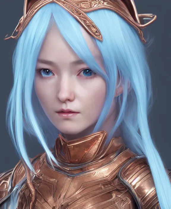 Image similar to a beautiful and highly detailed digital portrait of a dignified elf with long blue hair in rose gold armor by artgerm and lu ji, centered, artsation contest winner, cgsociety, fantasy art, cryengine, concept art, photorealism, daz 3 d, sketchfab, zbrush, vray