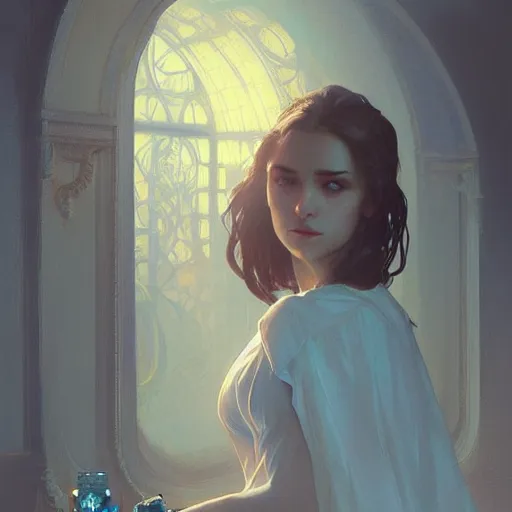 Image similar to very beatiful girl close to a candle in dark room, dramatic light, highly detailed, digital painting, artstation, concept art, sharp focus, illustration, art by artgerm and greg rutkowski and alphonse mucha