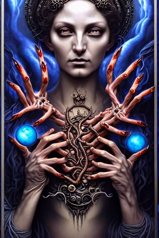 Image similar to A beautiful detailed goddess woman with 6 arms super dark tarot card, gorgeous model face by Stanley Artgerm, by tomasz alen kopera and Justin Gerard, 4 eyes, beautiful symmetrical features, ominous, magical realism, texture, intricate, ornate, royally decorated, melting, whirling smoke, embers, blue adornements, blue torn fabric, radiant colors, fantasy, trending on artstation, volumetric lighting, micro details, 3d sculpture, ray tracing, 8k, anaglyph effect