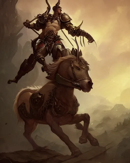 Image similar to Centaur Centaur Centaur :: Paladin, fearsome, beautiful, DnD character art portrait, male, plate armor, matte fantasy painting, DeviantArt Artstation, by Jason Felix by Steve Argyle by Tyler Jacobson by Peter Mohrbacher, cinematic lighting.