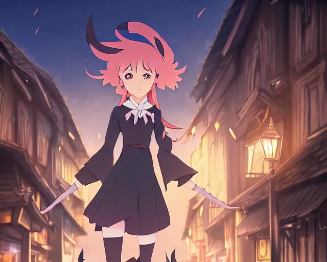 Image similar to key anime visual portrait of a young female witch walking through a busy village, dynamic pose, dynamic perspective, cinematic, dramatic lighting, muted colors, detailed silhouette, textured, finely detailed eyes, anime proportions, little witch academia