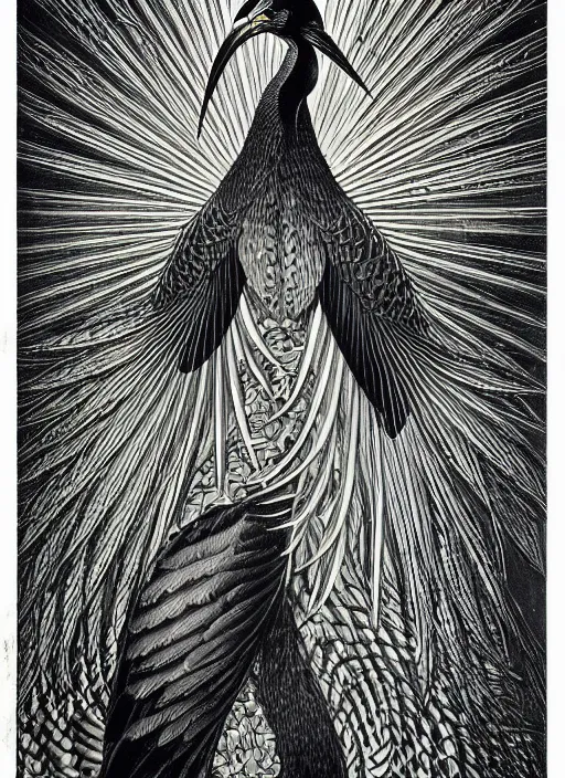 Image similar to art deco poster of the night - crowned black heron by mc escher, by ernst haeckel