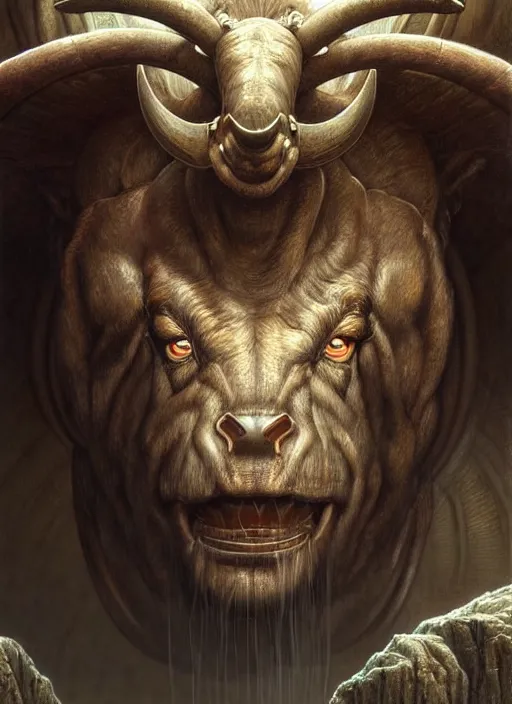 Image similar to closeup portrait shot of a minotaur in a scenic dystopian environment, intricate, elegant, highly detailed, centered, digital painting, artstation, concept art, smooth, sharp focus, illustration, artgerm, tomasz alen kopera, peter mohrbacher, donato giancola, joseph christian leyendecker, wlop, boris vallejo