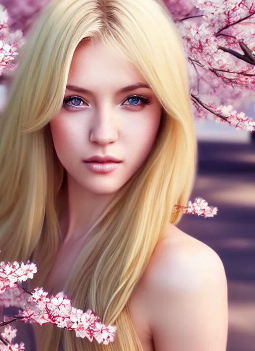 Image similar to photo of a gorgeous blonde female in the style of stefan kostic, realistic, half body shot, sharp focus, 8 k high definition, insanely detailed, intricate, elegant, art by stanley lau and artgerm, extreme blur cherry blossoms background