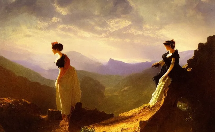 Prompt: a painting of a woman!! aristocrat overlooking a deep valley!! style of Albert Bierstadt, high details, moody lighting, atmospheric