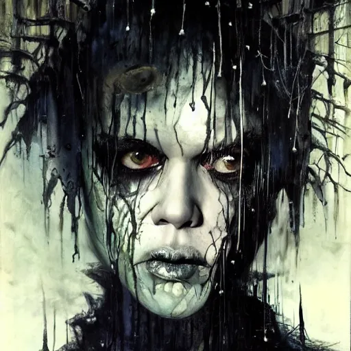 Image similar to emaciated ( the cure fan ) as dream from sandman, dim stars as eyes, by jeremy mann, by cedric peyravernay, by by russ mills, by richard avedon and ben templesmith, dramatic lightning, sadness, dark eye sockets, in the shadows, punk rock, gothic, high detailed, 8 k