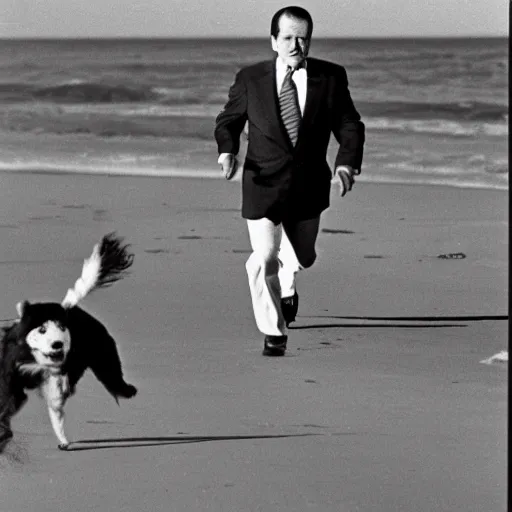 Image similar to Richard Nixon running with his dog on the beach. 1981, AP Photo.