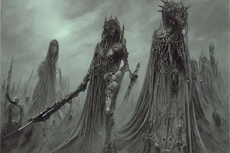 Image similar to Warhammer goddess empress of chaos, war famine, death, by Zdzislaw Beksinski